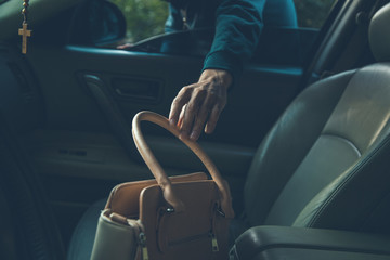 person reaching into car to steal purse off seat